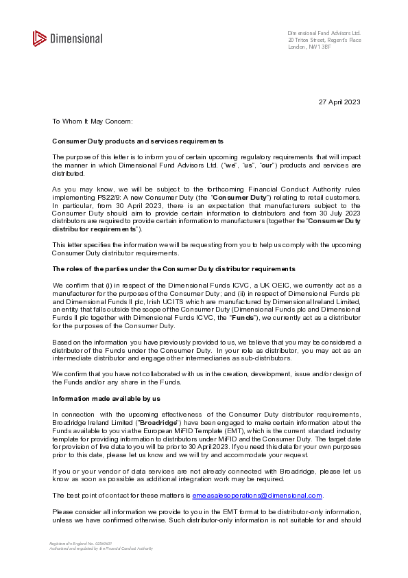 Consumer Duty Distributor Letter 2023
