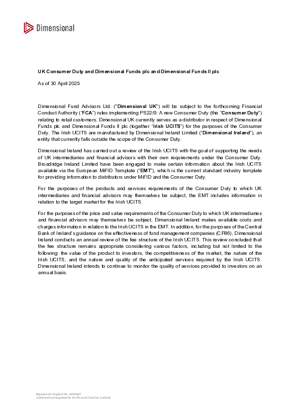 UK Consumer Duty and Dimensional Funds plc and Dimensional Funds II plc