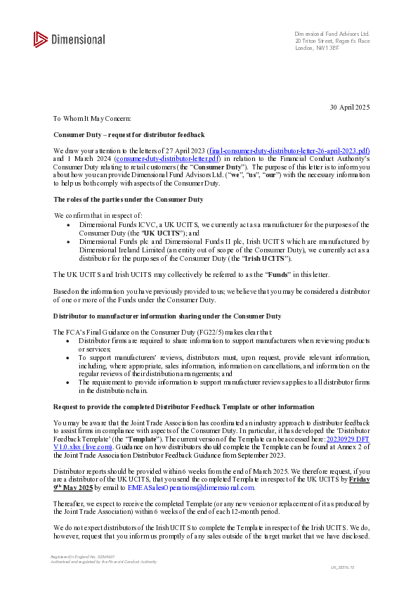Consumer Duty Distributor Letter 2025
