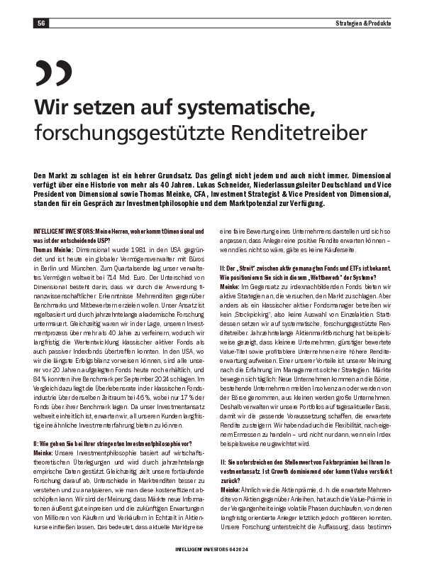 Intelligent Investor veröffentlicht Interview mit Lukas Schneider und Thomas Meinke zur Investmentphilosophie von Dimensional