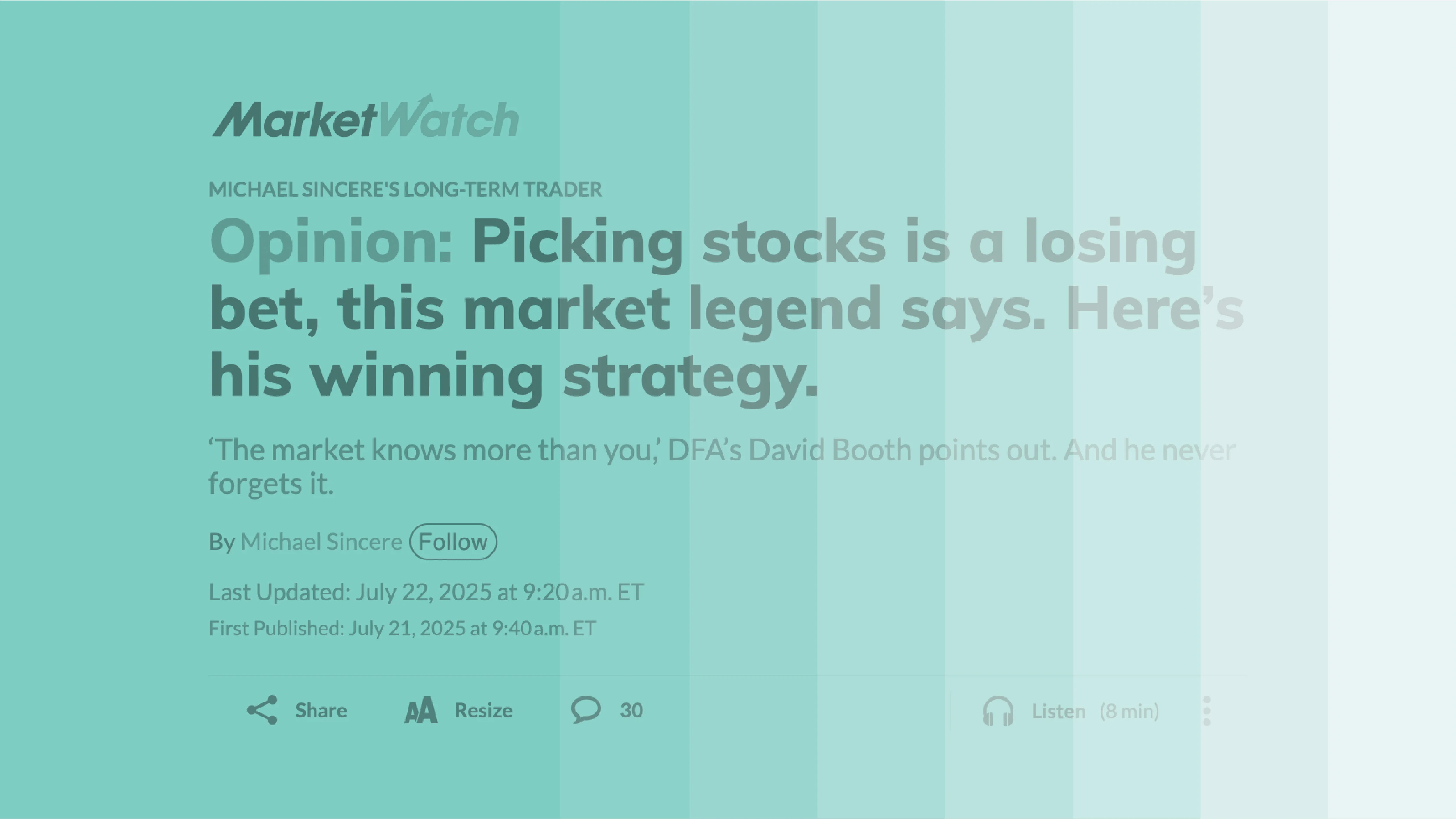 MarketWatch: “Picking Stocks Is a Losing Bet, This Market Legend Says”