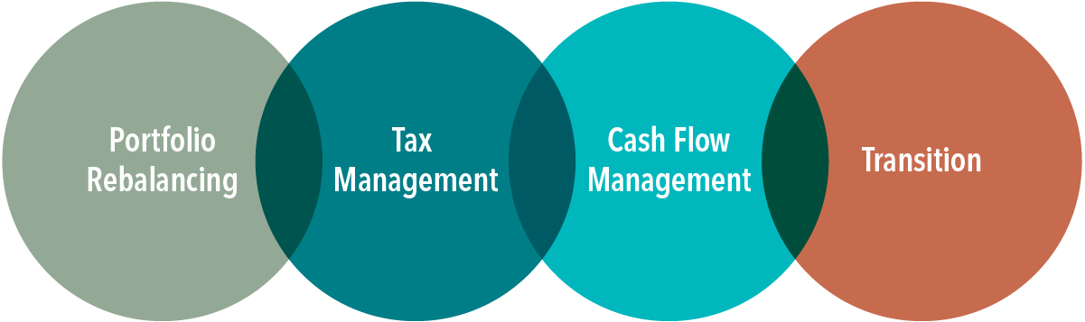 Intersecting circles with the labels portfolio rebalancing, tax management, cash flow management, and transition.