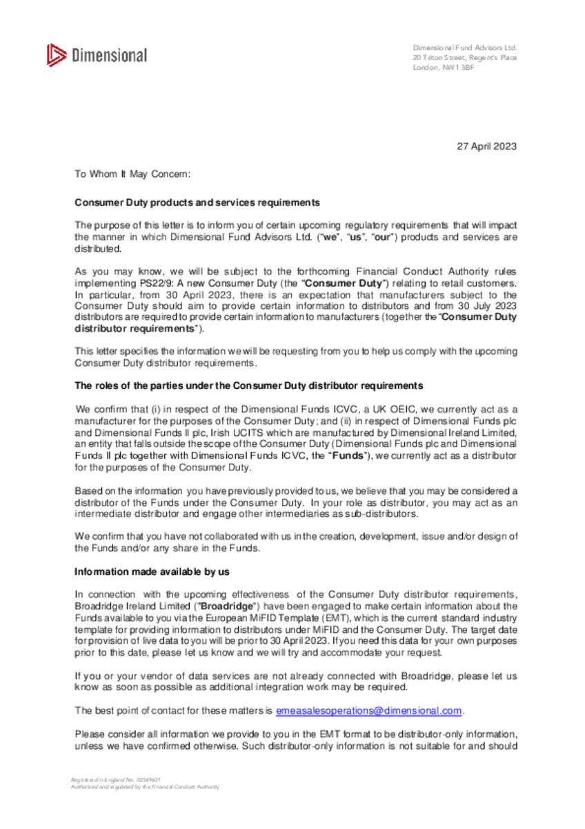 Consumer Duty Distributor Letter 2023