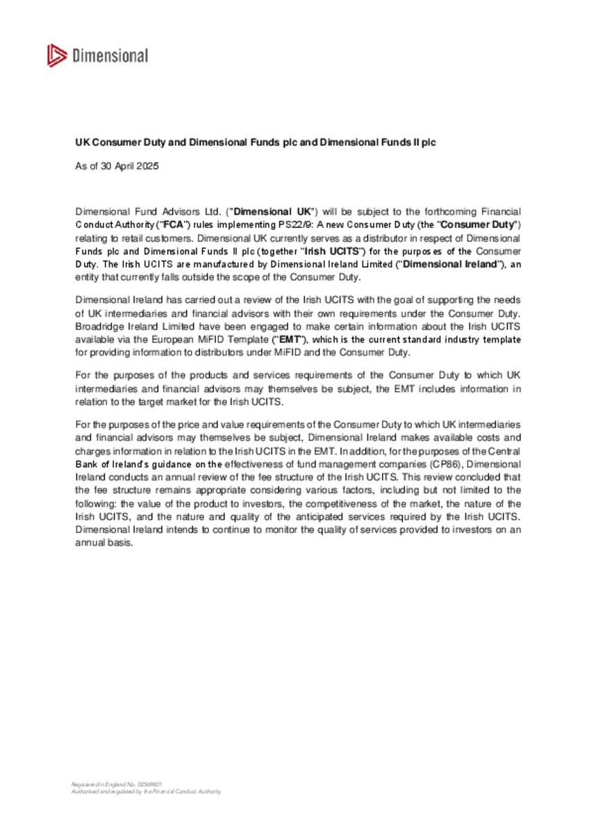 UK Consumer Duty and Dimensional Funds plc and Dimensional Funds II plc