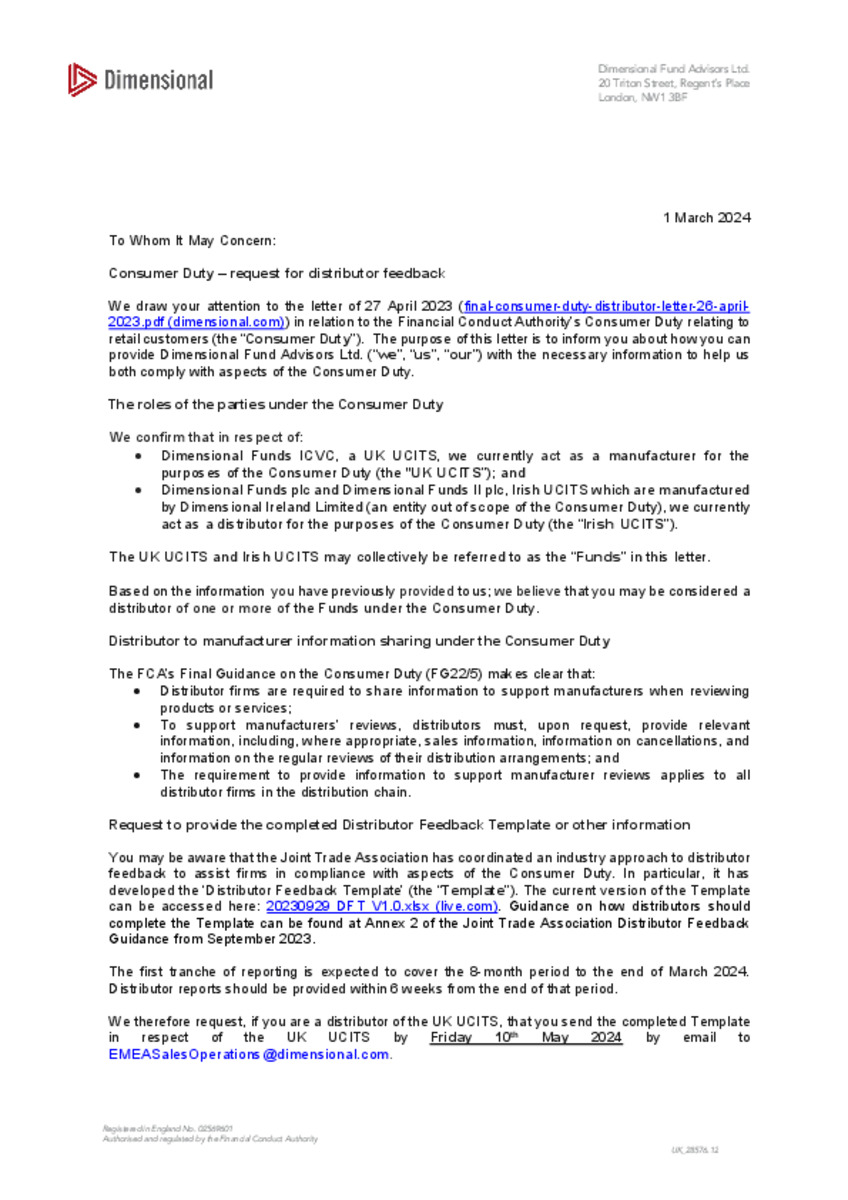 Consumer Duty Distributor Letter 2024