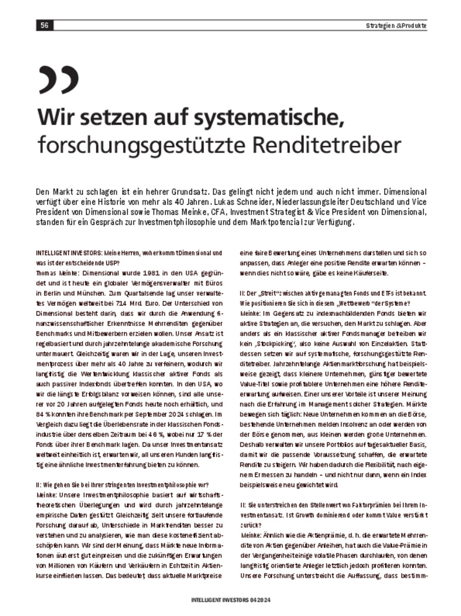 Intelligent Investor ver&#246;ffentlicht Interview mit Lukas Schneider und Thomas Meinke zur Investmentphilosophie von Dimensional