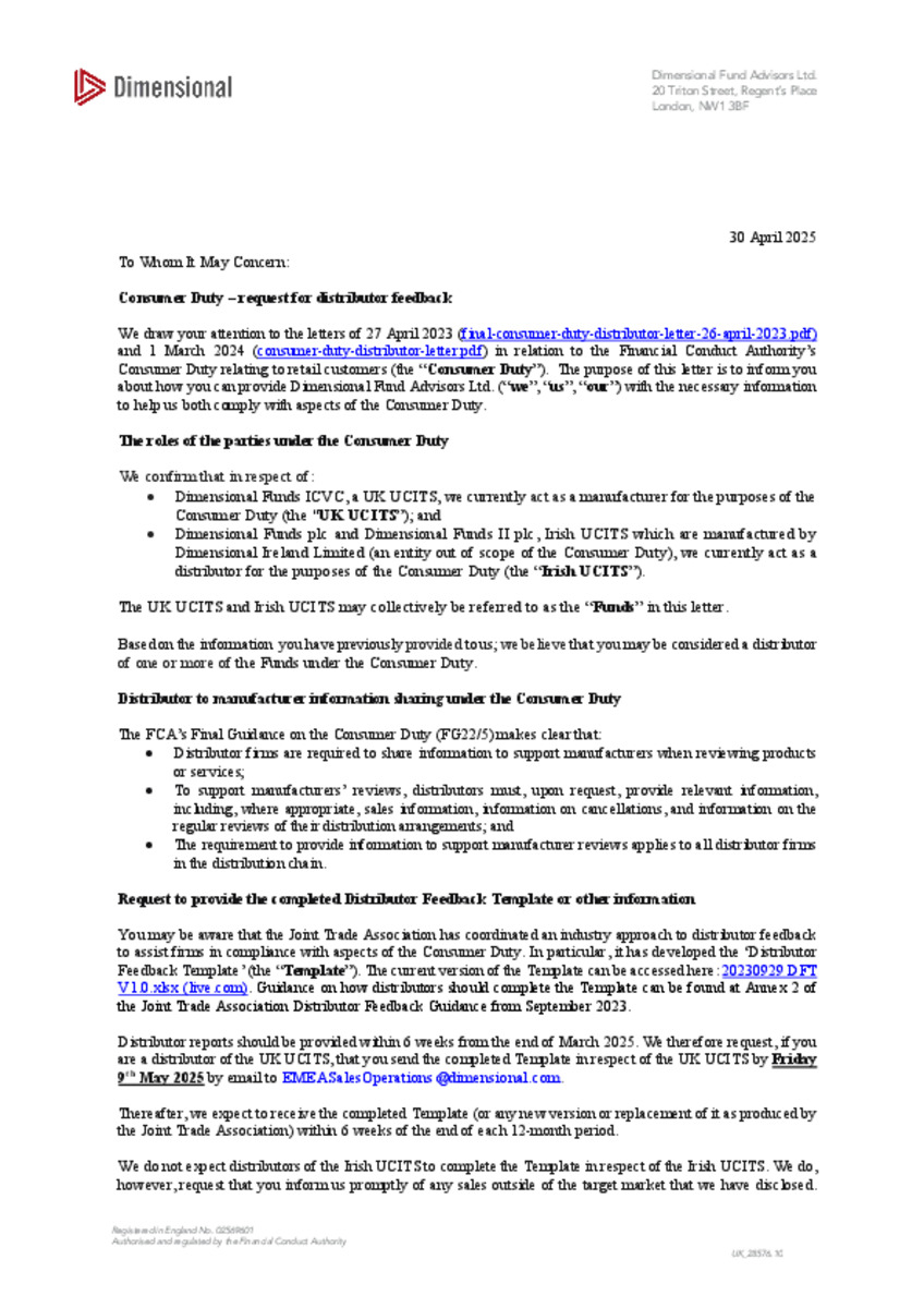 Consumer Duty Distributor Letter 2025