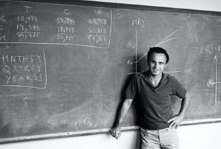 Left image: Eugene Fama stands in front of a chalkboard at the University of Chicago.